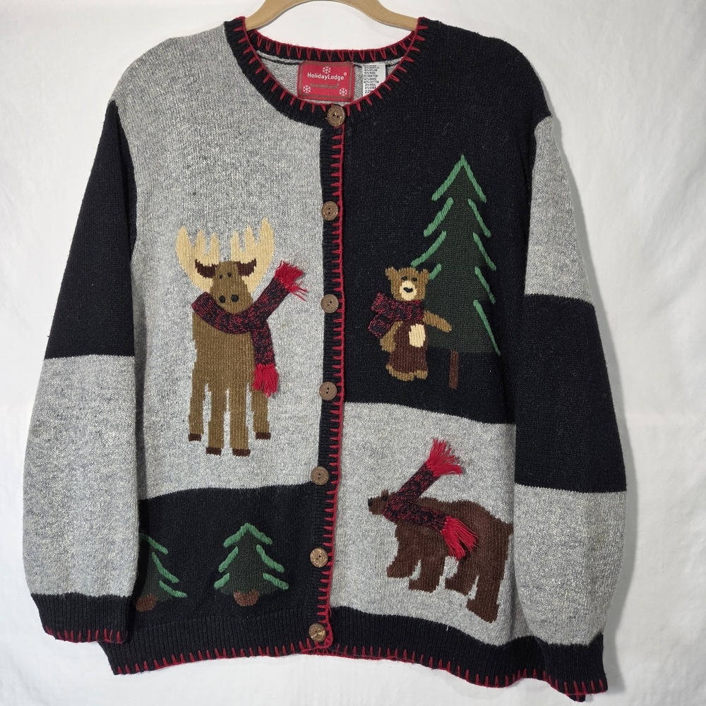 Holiday Lodge Cardigan Christmas Sweater 3X Cabincore Moose Bear Rustic Cozy